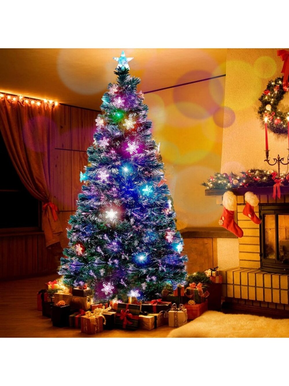 7ft Pre-Lit Color Changing Christmas Tree with LED Lights & Snowflakes - Festive